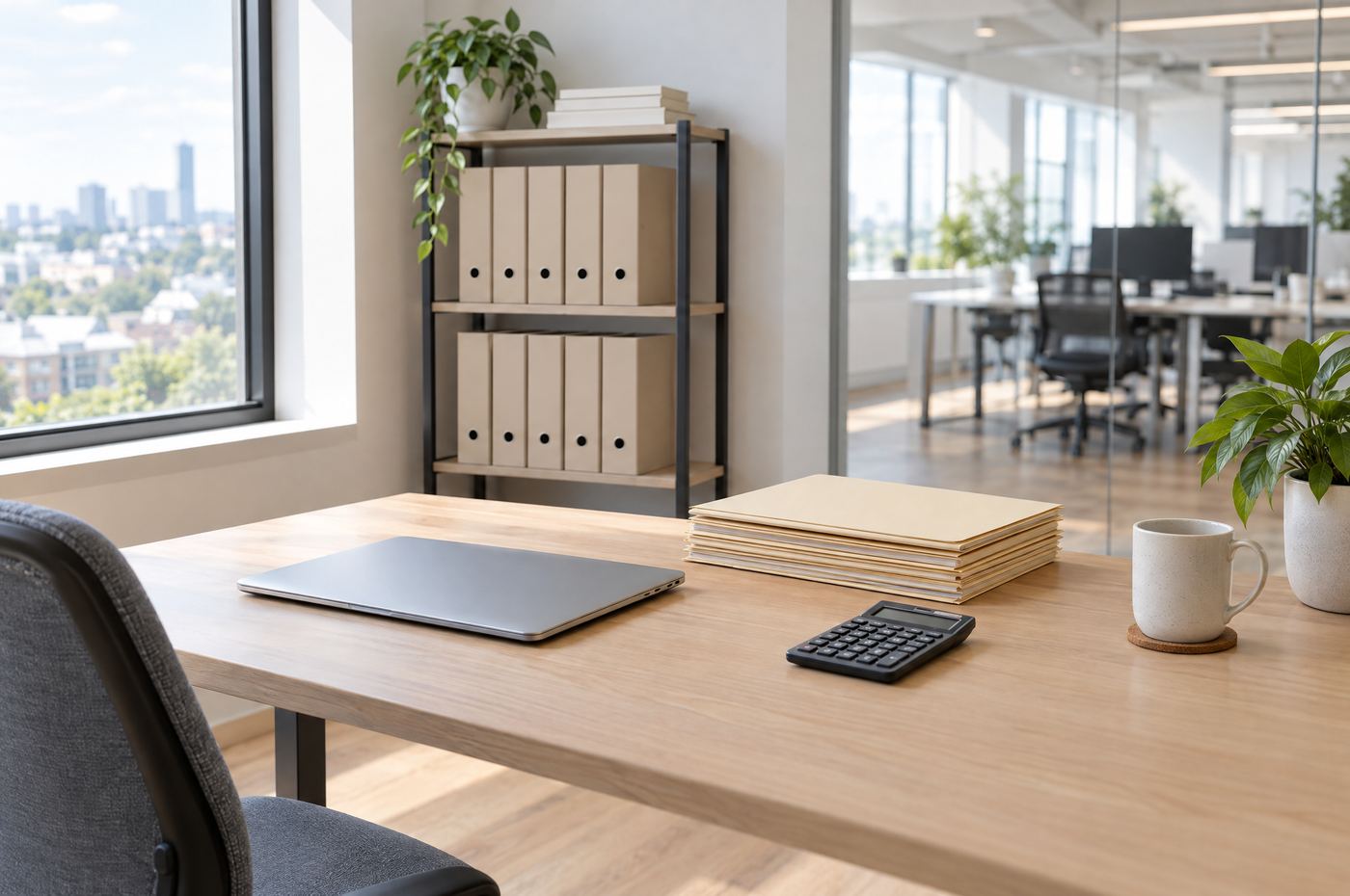 A tidy desk with folders and binders in a bright office