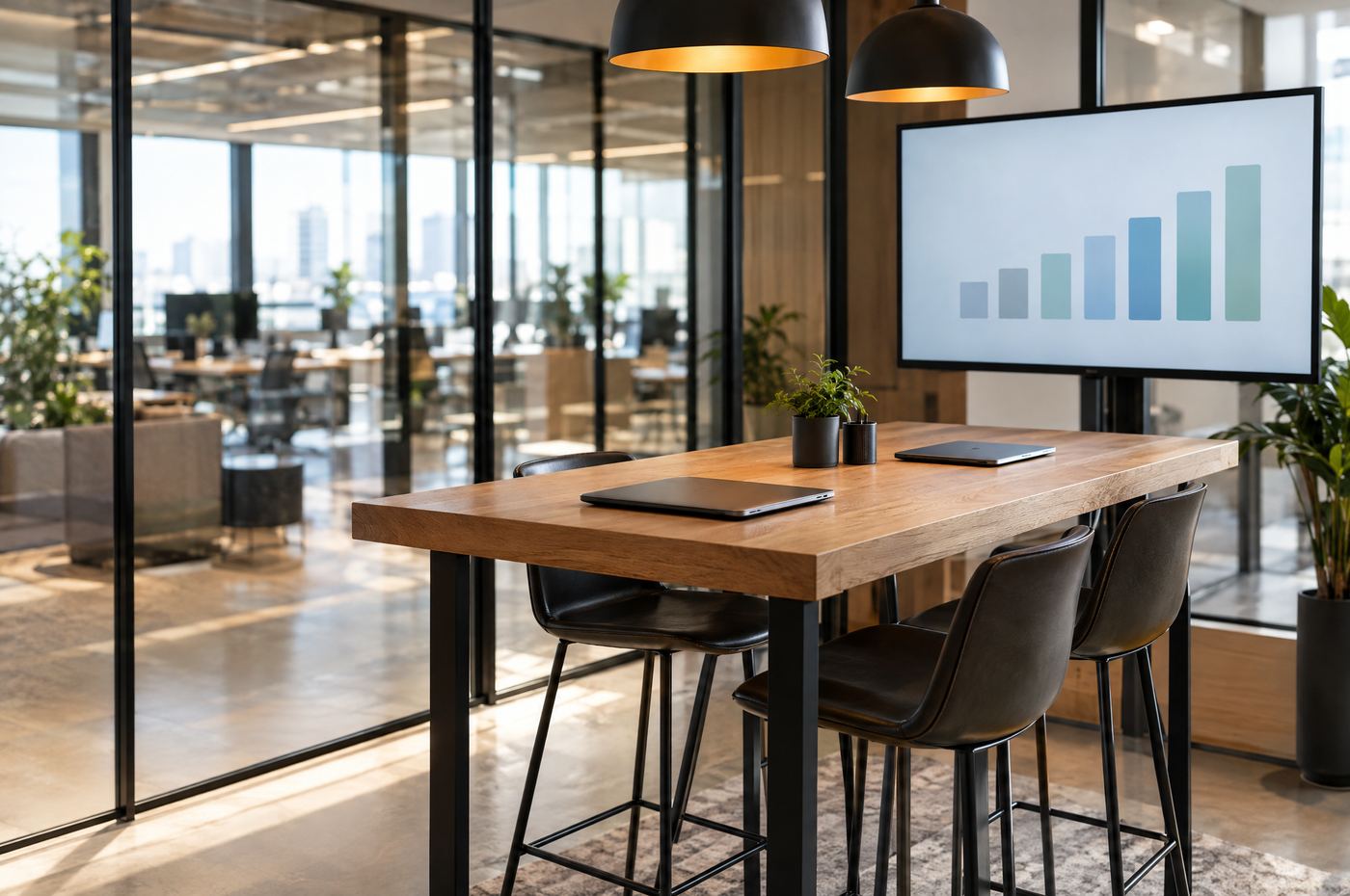 A modern meeting space with a chart on the screen
