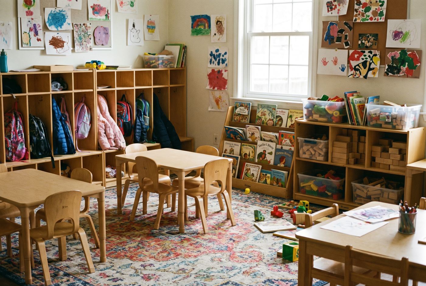 A preschool classroom with small tables and cubbies