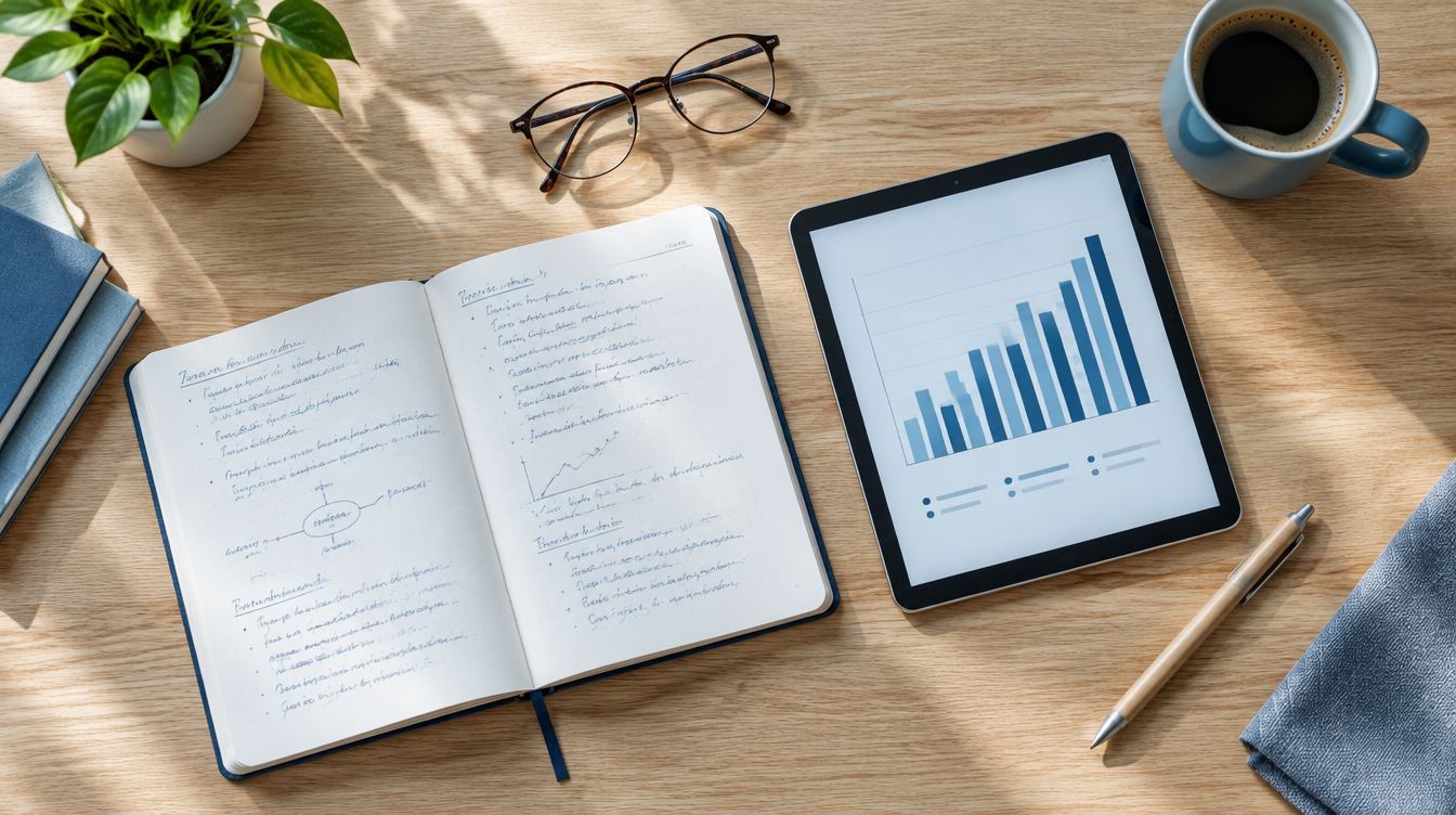 A notebook and a tablet showing a growth chart on a desk
