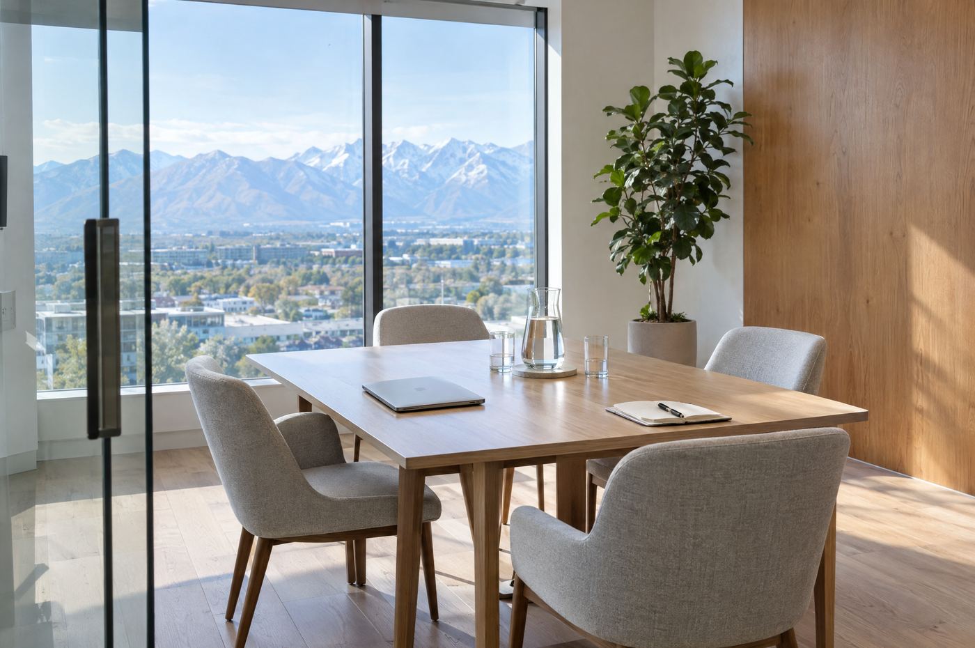 A bright meeting room with a mountain view, ready for a planning meeting